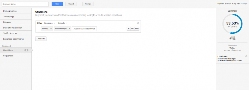 Screenshot of Google Analytics with a custom segment regex for countries.