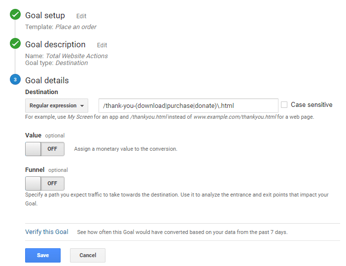 Screenshot of Google Analytics goal details with regex.