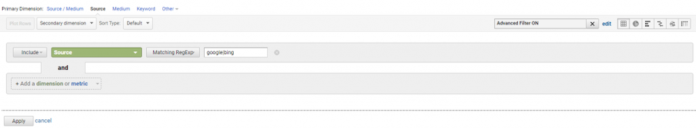 Screenshot of Google Analytics table filter regular expression.