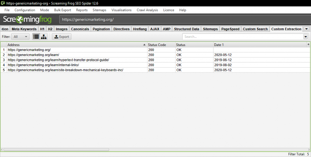 Screenshot of the Screaming Frog dashboard showing the dates extracted using regular expressions.