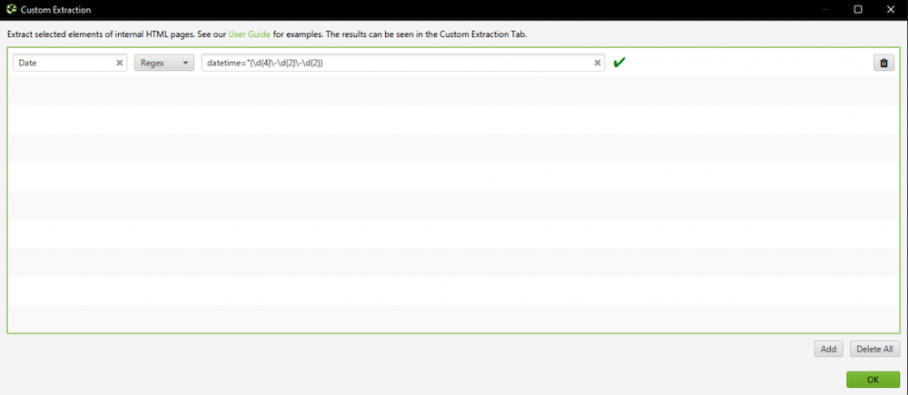 Screenshot of Screaming Frog, showing how to input regular expressions into the custom data extraction feature.