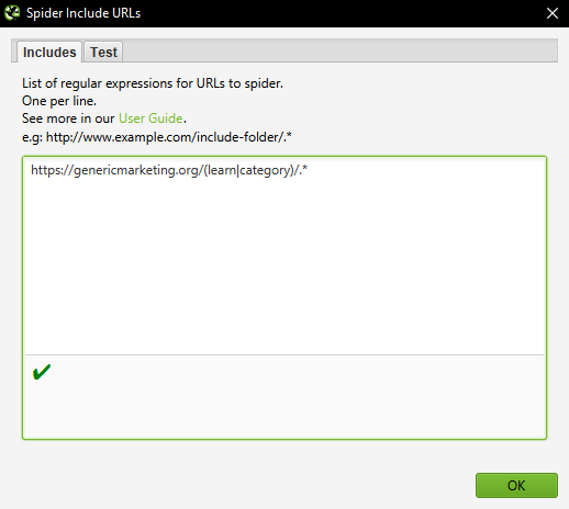 Screenshot of the "include" feature in Screaming Frog showing how to use regular expressions.