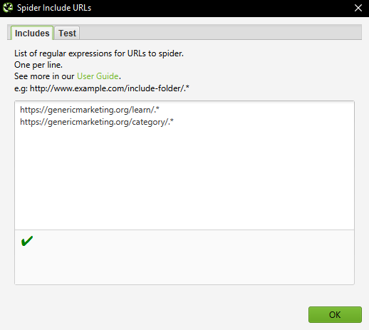 Screenshot of the "include" feature in Screaming Frog showing the use of multiple lines of regex.